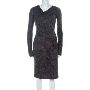 Jil Sander Monochrome Wool Blend Textured Wrap-Button Detail Sheath Dress M