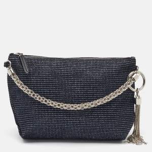 Jimmy Choo Navy Blue Metallic Velvet Callie Chain Clutch
