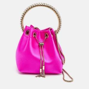 Jimmy Choo Fuchsia Satin Bon Bon Crystal Embellished Bucket Bag