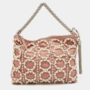 Jimmy Choo Dusty Pink Satin Pearl Embellished Callie Clutch