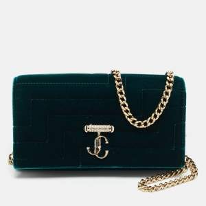 Pre Owned Jimmy Choo Dark Green Quilted Velvet Avenue Wallet On Chain