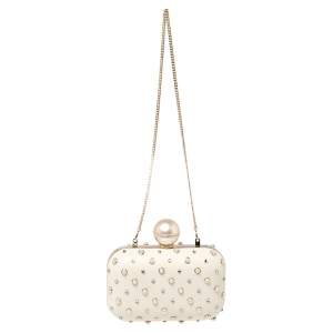 مملوكة مسبقًا Jimmy Choo Cream Leather Pearl Mix Ball Clasp Cloud Clutch