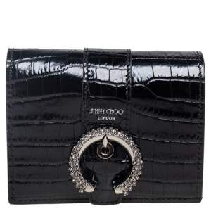 Jimmy Choo Black Croc Embossed Leather Hanne Crystals Compact Wallet