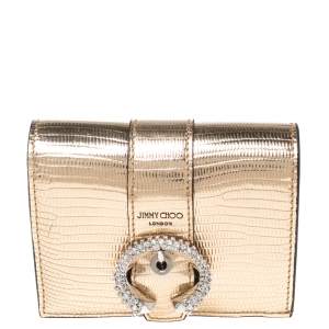 Jimmy Choo Gold Lizard Embossed Leather Hanne Crystals Compact Wallet