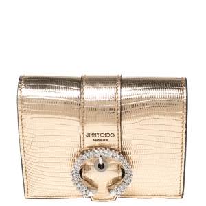 Pre Owned Jimmy Choo Gold Lizard Embossed Leather Hanne Crystals Compact Wallet