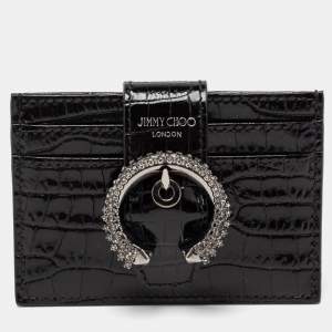 Jimmy Choo Black Croc Embossed Glossy Leather Oldile Crystals Card Holder 