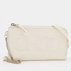 Pre Owned Jimmy Choo White Leather Embossed Logo Adelia Wallet on Strap