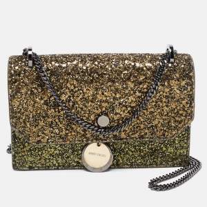 Pre Owned Jimmy Choo Metallic Olive Green Glitter Fabric Finley Shoulder Bag