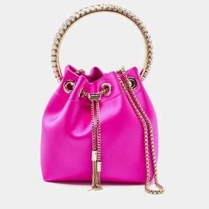 Jimmy Choo Fuchsia Satin Bon Bon Crystal Embellished Bucket Bag
