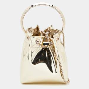 Jimmy Choo Gold Laminated Leather Bon Bon Crystal Embellished Bucket Bag