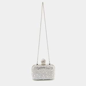 Pre Owned Jimmy Choo Silver Suede Crystals Embellished Micro Cloud Clutch