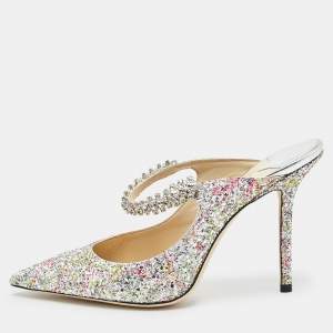 Jimmy Choo Silver Coarse Glitter Bing Mules Size 39.5