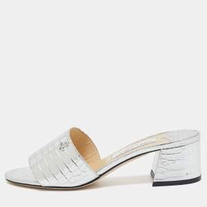 Jimmy Choo Silver Croc Embossed Leather Minea Slide Sandals Size 37.5