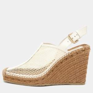 Jimmy Choo Off White Mesh and Leather Dakori Wedge Espadrille Sandals Size 39