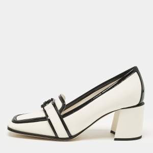 Pre Owned Jimmy Choo White/Black Canvas and Patent Leather Evin Pumps Size 38