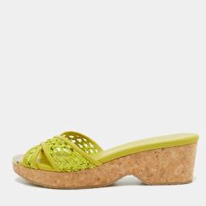 Jimmy Choo Green Leather and Raffia Panna Cork Slides Size 39