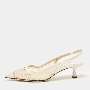 Pre Owned Jimmy Choo White Leather and Mesh Amita Slingback Pumps Size 37.5