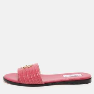 Jimmy Choo Pink Croc Embossed Leather Minea Slide Sandals Size 40