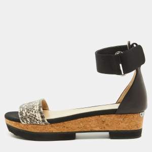 Jimmy Choo Black Snakeskin and Stretch Band Neat Ankle Strap Sandals Size 37.5