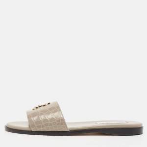 Jimmy Choo Grey Cro Embossed Leather JC Flat Slides Size 38.5