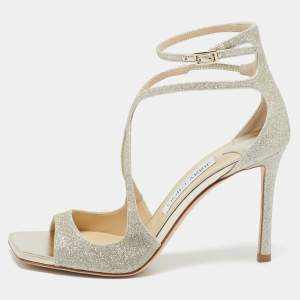 Jimmy Choo Metallic Gold Coarse Glitter Azia Sandals Size 37.5