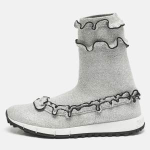 Jimmy Choo Silver Ruffle Knit Fabric Eugene Sneakers Size 38