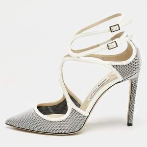 Jimmy Choo White/Black Raffia and Patent Leather Lancer Pumps Size 40.5