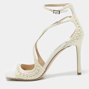 Jimmy Choo White Stain Pearl Embellished Azia Sandals Size 39