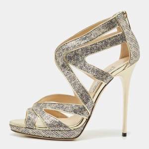 Jimmy Choo Gold Glitter and Leather Karla Sandals Size 39