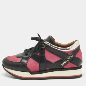 Pre Owned Jimmy Choo Tricolor Fabric and Leather Mix Trainer Lace Up Sneakers Size 36.5