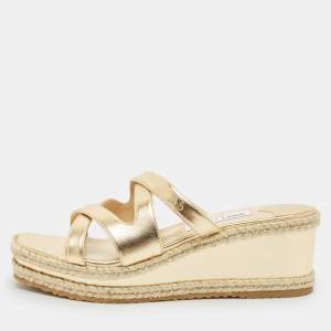 Pre Owned Jimmy Choo Gold Leather Wedge Slide Sandals Size 38