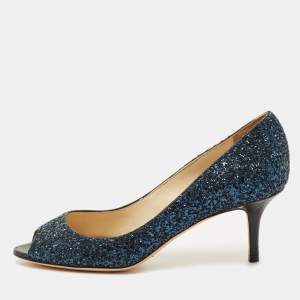 Pre Owned Jimmy Choo Navy Blue Glitter Isabel Peep Toe Pumps Size 36