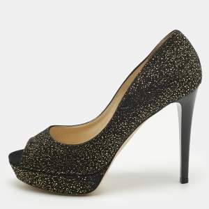 Pre Owned Jimmy Choo Black/Gold Texture Suede Peep Toe Pumps Size 41