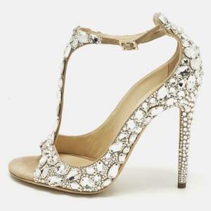 Pre Owned Jimmy Choo Size 37 Silver Suede Rhinestone Mary Jane Pumps