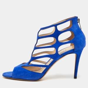 Pre Owned Jimmy Choo Ren Size 40.5 Blue Suede Caged Ankle Strap Sandals