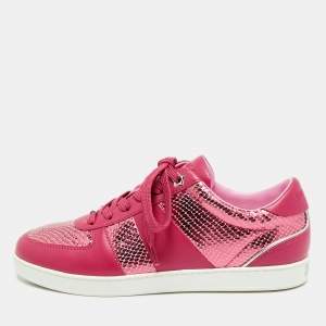 Pre Owned Jimmy Choo Teri Size 39 Pink Leather and Snakeskin Embossed Lace Up Sneakers