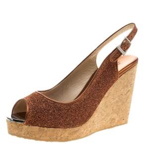 Pre Owned Jimmy Choo Metallic Pop Orange Lurex Prova Slingback Cork Wedge Sandals Size 40