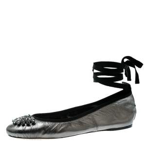 Pre Owned Jimmy Choo Metallic Grey Leather Grace Crystal Embellished Ankle Wrap Ballet Flats Size 40