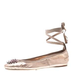 Pre Owned Jimmy Choo Metallic Rose Leather Grace Crystal Embellished Ankle Wrap Ballet Flats Size 41