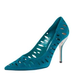 Pre Owned Jimmy Choo Blue Suede Leather Talka Lazer Cut Pointed Toe Pumps 39