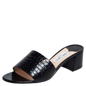 Pre Owned Jimmy Choo Black Croc Embossed Patent Leather Minea Slide Sandals Size 41