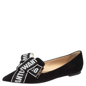 Pre Owned Jimmy Choo Black Suede Logo Bow Gleam Pointed Toe Ballet Flats Size 40