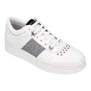 Pre Owned Jimmy Choo White/Silver Calf Leather Coarse Glitter Stripe Hawaii Sneakers Size EU 36