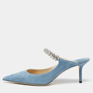 Pre Owned Jimmy Choo Blue Suede Crystal Embellished Strap Bing Mules Size 40