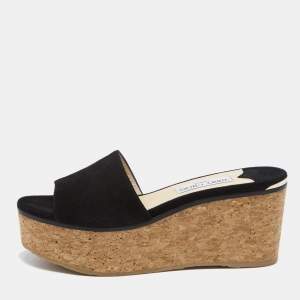 Pre Owned Jimmy Choo Black Suede Cork Wedge Platform Slide Sandals Size 39