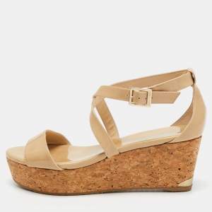 Jimmy Choo Beige Patent Leather Cork Wedge Cross Strap Sandals Size 38.5 