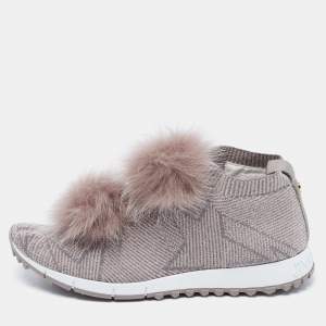 Pre Owned Jimmy Choo Grey/Pink Stretch Fabric and Fur Norway Sneakers Size 40