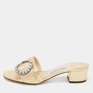 Pre Owned Jimmy Choo Gold Leather Crystal Embellished Slide Sandals Size 37