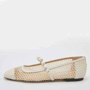 Pre Owned Jimmy Choo White Mesh and Leather Pearl Embellished Ballet Flats Size 36.5