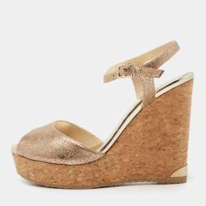 Pre Owned Jimmy Choo Metallic Laminated Suede Perla Cork Wedge Sandals Size 38.5
